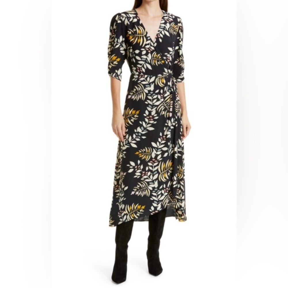 ba&sh Black Floral Midi Wrap Dress with Yellow Accents